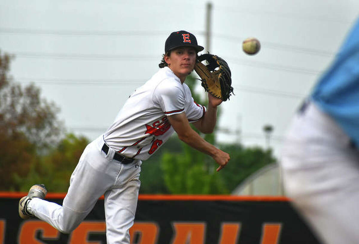 Edwardsville’s Gannon Burns delivers a pitch in Monday’s win over Belleville East at Tom Pile Field inside the District 7 Sports Complex.