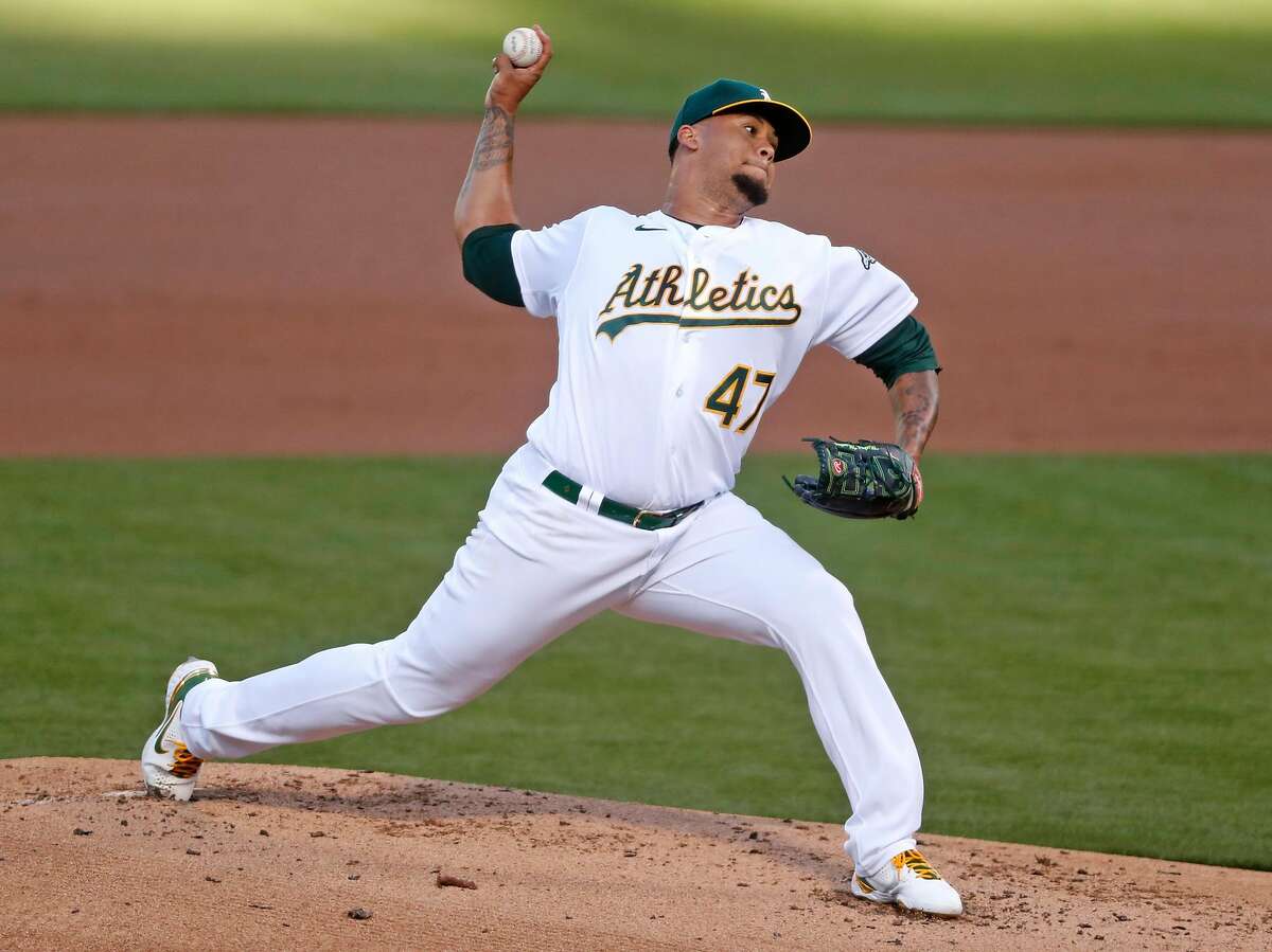 Oakland Athletics' Frankie Montas delivers in 1st inning against Seattle Mariners during MLB game at Oakland Coliseum in Oakland, Calif., on Monday, May 24, 2021.