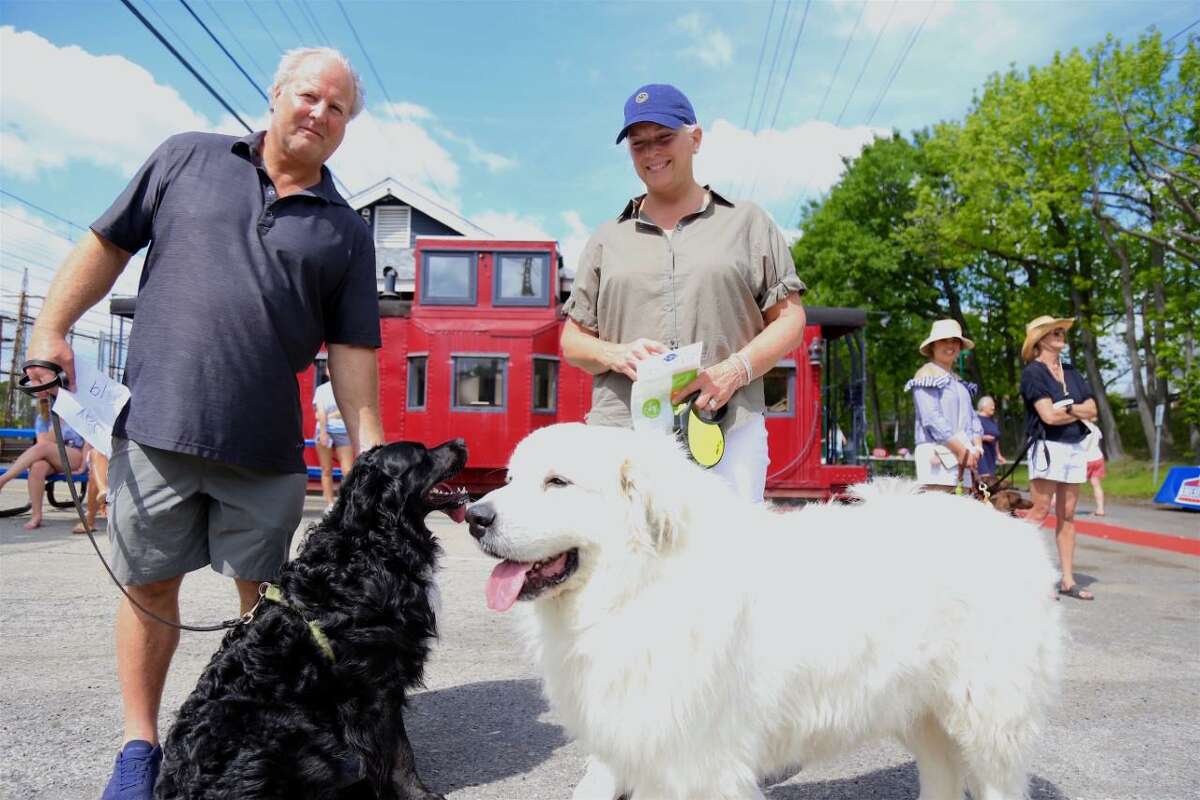 First Selectman Jayme Stevenson and her husband John hang out with their bear-sized dogs Jax, left, and Tucker, at The Darien Depot's Dog Show.