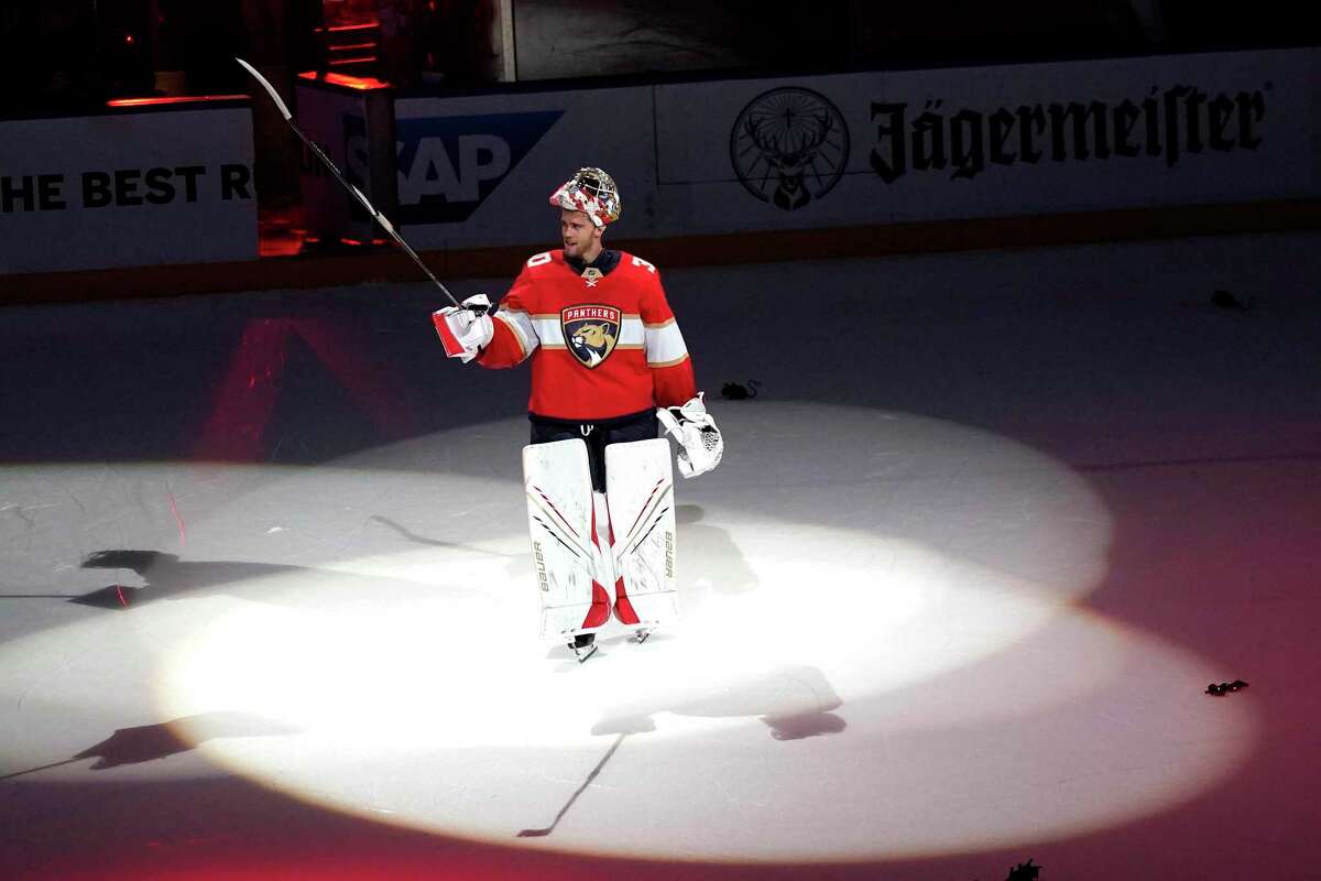 Florida Panthers goaltender Spencer Knight acknowledges the crowd after Game 5 of an NHL hockey Stanley Cup first-round playoff series against the Tampa Bay Lightning, Monday, May 24, 2021, in Sunrise, Fla. (AP Photo/Lynne Sladky)
