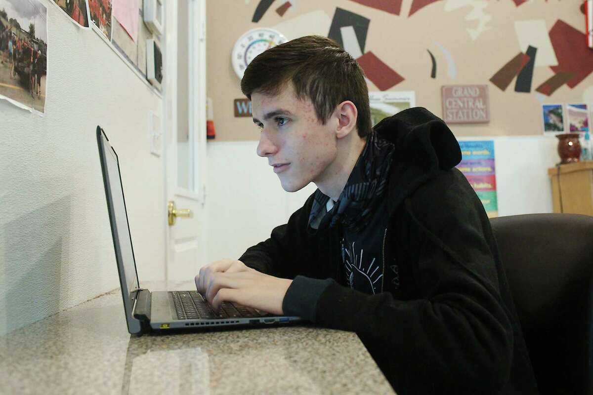 Pearland College and Career High School graduating senior Zane Delehanty, who is legally blind, says his computer’s zoom function has been crucial in doing his schoolwork. “I don’t know where I’d be without it,” he says.