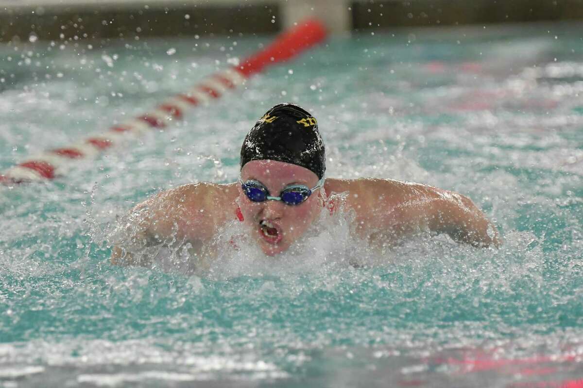Lauren Walsh of the Trumbull Eagles swims the butterfly leg of the 200yd medley relay during the FCIAC Girls Swimming Championship on Tuesday Nov 5 ,2019 at Greenwich High School in Greenwich, Connecticut.