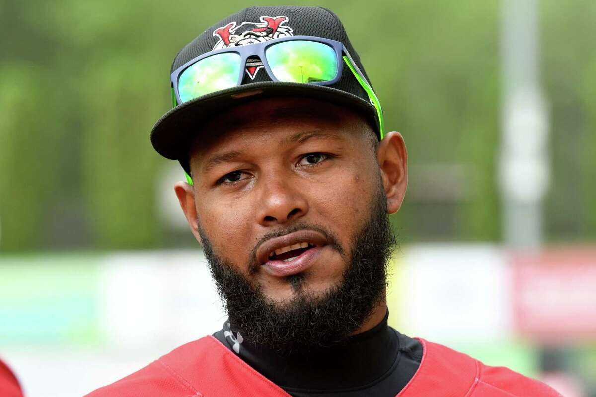 Tri-City ValleyCats infielder Juan Silverio is interviewed during a media day event for the team on Wednesday, May 26, 2021, at Joseph L. Bruno Stadium in Troy, N.Y. (Will Waldron/Times Union)