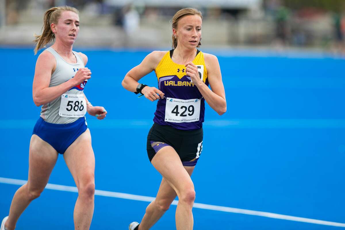 Mohonasen High graduate Cara Sherman, right, of the UAlbany track and field team.  Sherman is running in the 10,000 meters at the NCAA East Preliminary meet in Florida on Thursday, May 27, 2021.
