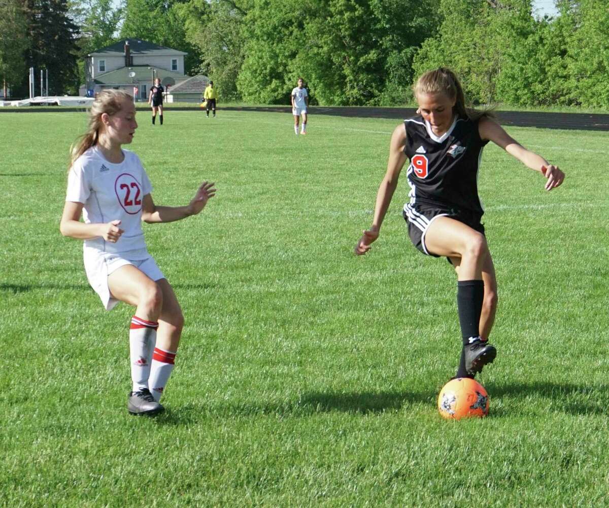 Reed City sophomore Olivia Lewis (right) corrals the ball while defended by Whitehall senior Jayden Sheehy during Wednesday's district tournament game.(Pioneer photo/Joe Judd)
