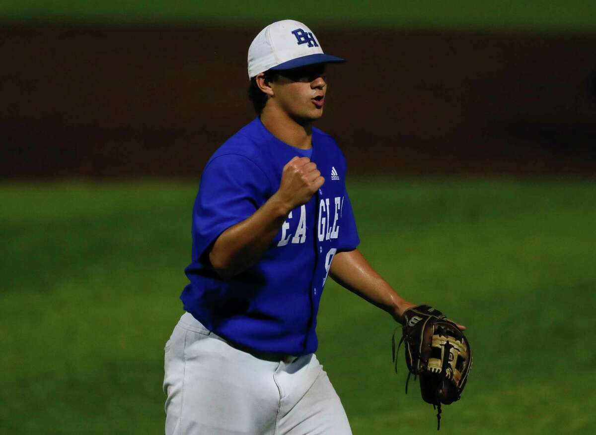 Jace Martinez #5 Barbers Hill reacts after getting Blake Brown #7 of Lake Creek to ground out to end the seventh inning of Game 1 of a Region III-5A high school baseball semifinal series at Humble High School, Wednesday, May 26, 2021, in Humble.