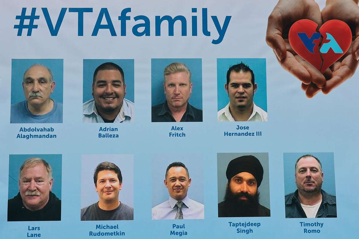 A billboard at a May 27 press briefing honors the victims of the Valley Transportation Authority mass shooting.