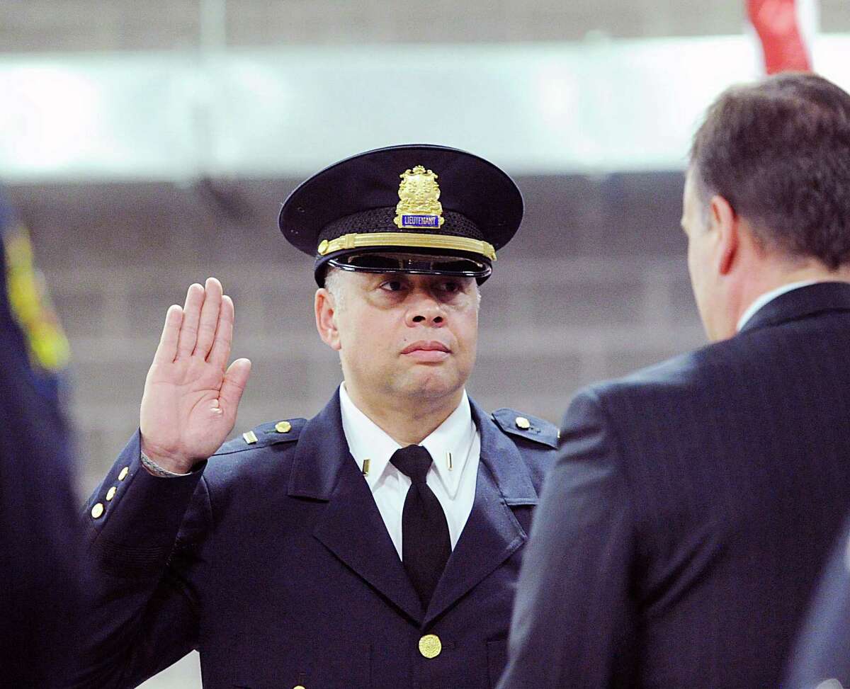 At left, new Deputy Chief of Police Kraig Gray as seen here during his 2017 swearing in as a captain by then- Greenwich First Selectman Peter Tesei during a Greenwich Police Department promotional ceremony at the Greenwich Public Safety Complex. Gray was unanimously appointed to succeed outgoing Deputy Chief Mark Marino and will be sworn in next month.