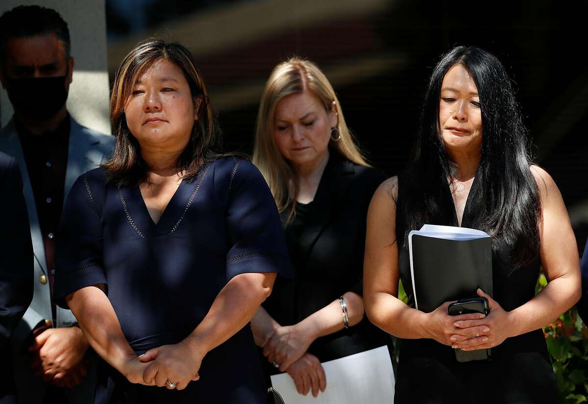 Valley Transportation Authority executive leadership Margaret Abe-Koga (left), Cindy Chavez and Evelynn Tran attend a news briefing a day after the mass shooting in San Jose that killed nine workers.