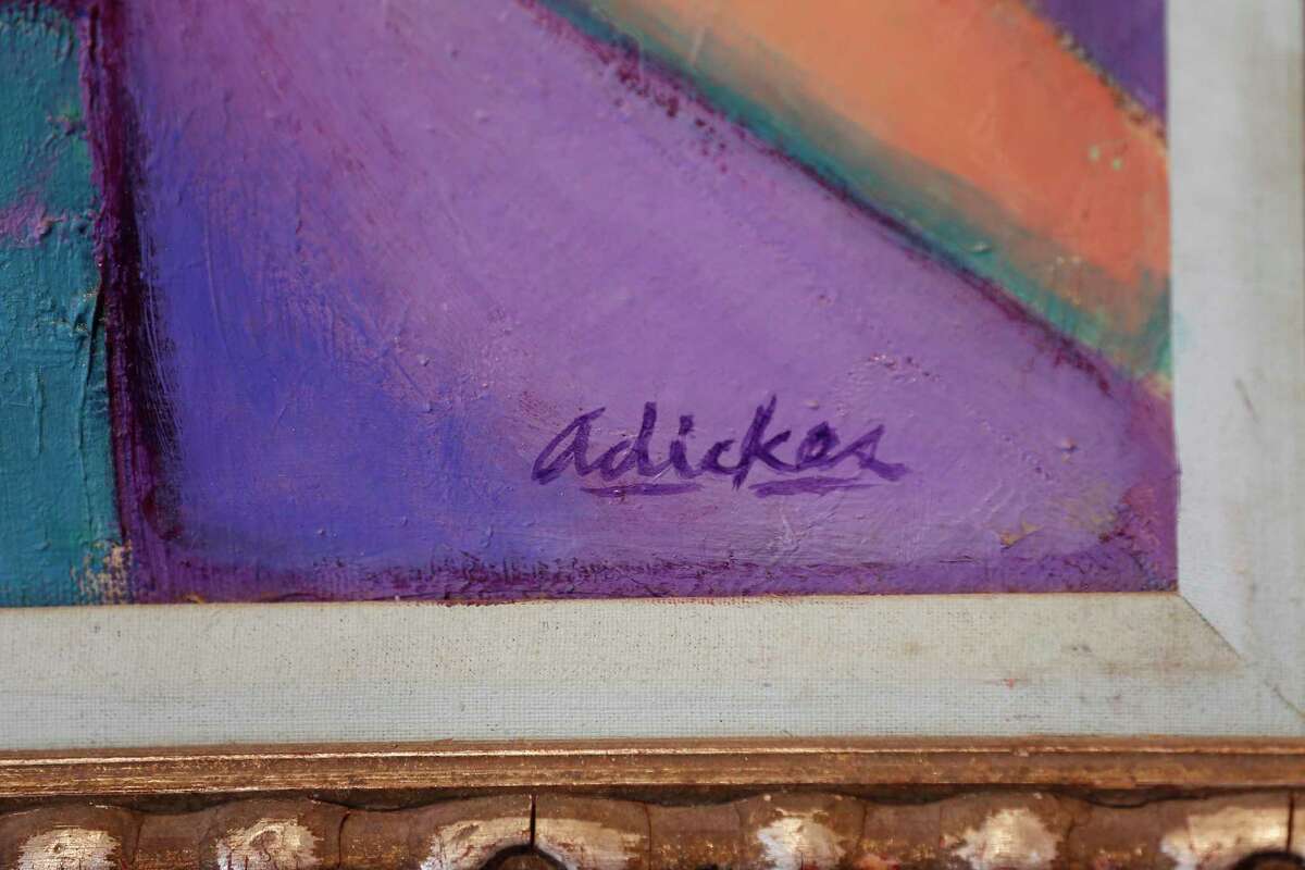 David Adickes signature on his work in Rooted Renewal new exhibition Tuesday, May 18, 2021, in Houston.