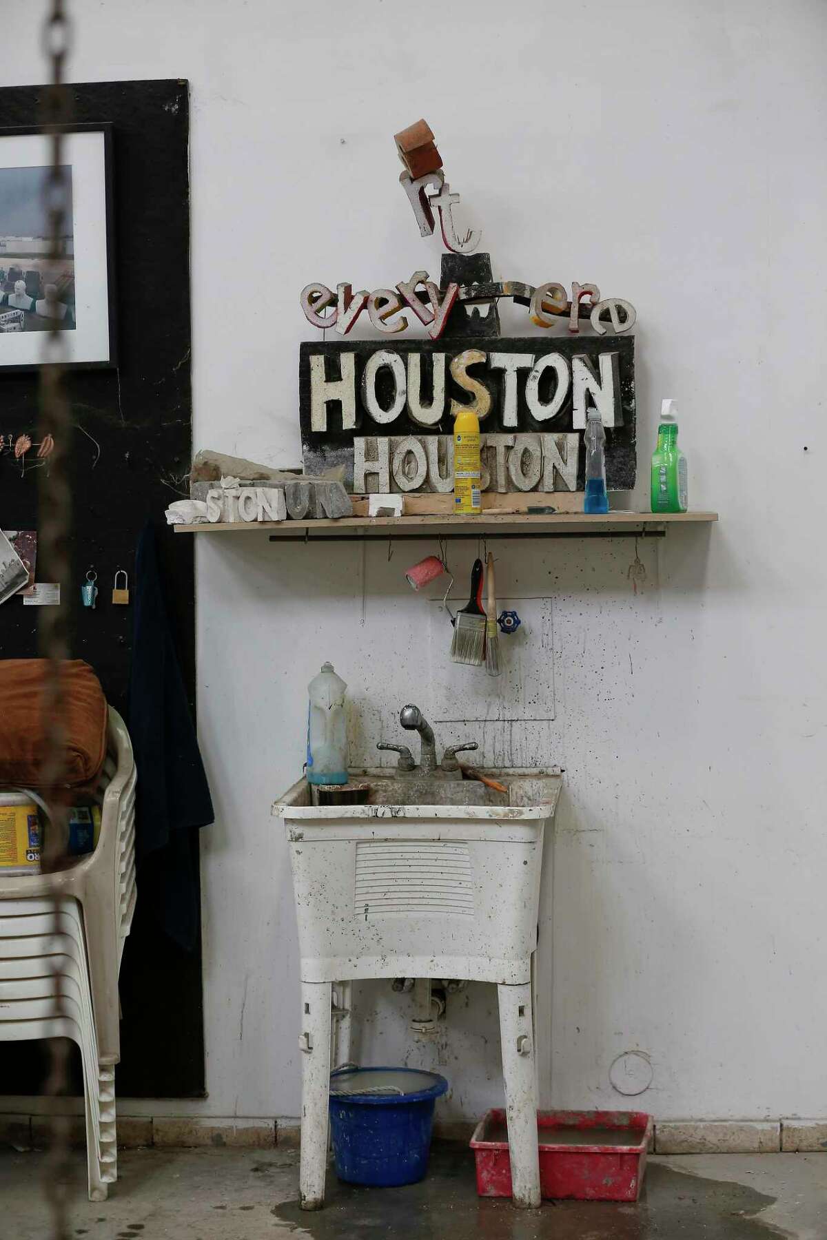 Almost every space inside David Adickes warehouse has some of his artwork, even above a wash sink Tuesday, May 18, 2021, in Houston.