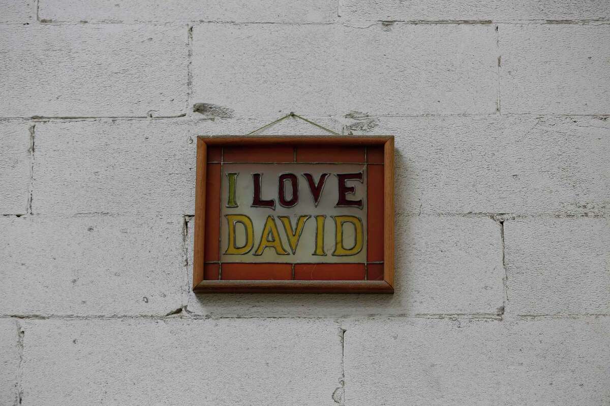 A sign in David Adickes warehouse Tuesday, May 18, 2021, in Houston.