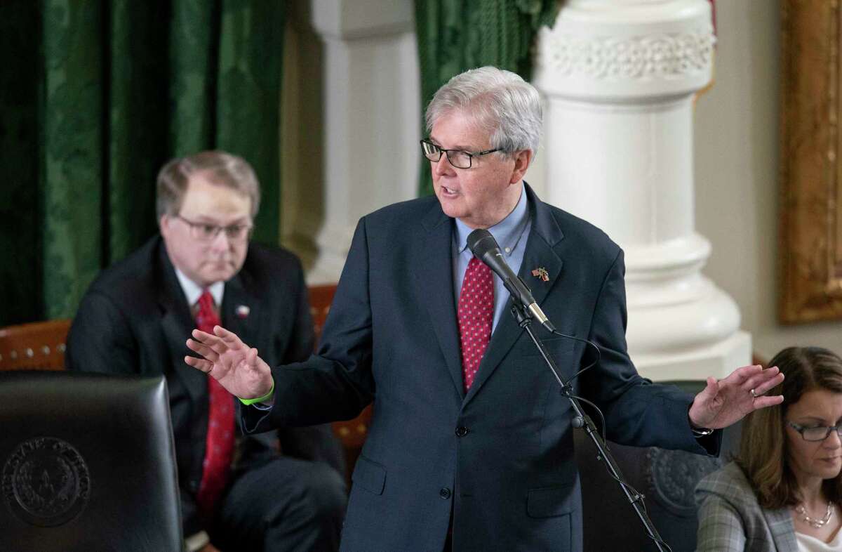 Republican Lt. Gov. Dan Patrick of Houston presides over the Texas Senate session on May 27, 2021. Patrick appears to be in a feud with House Speaker Dade Phelan as he refused him entrance to the Senate chamber for negotiations on Wednesday night. (Bob Daemmrich/CapitolPressPhoto)