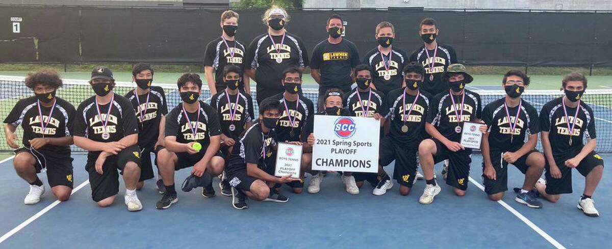 Law boys' tennis won its first postseason championship when it captured the SCC Division II title. Team members (front row) are Abhinav Hazarika, Zachary Moller, Jonathan Uruchida, Julien Roy, Rishabh Nair, captain Sanskar Shah, Anish Sikhinam, captain Angel Santiago, Adarsh Senthilnathan, Pardhip Nair, Dan Folloni, Berat Genc and Mason Turner; (second row) Brian Zirkel, Lucas Greifzu, coach Glen Maxwell, Brandon Bartholomew and Marcelo Silva