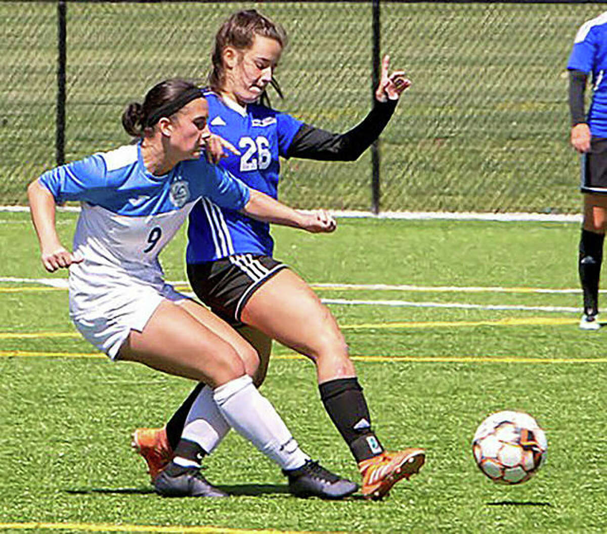 LCCC’s Paige Bauer, left, battles with an Eastern Florida State College players earlier this season. LCCC, which finished third at last season’s NJCAA National Tournament, was denied an at-large bid to this year’s tourney.
