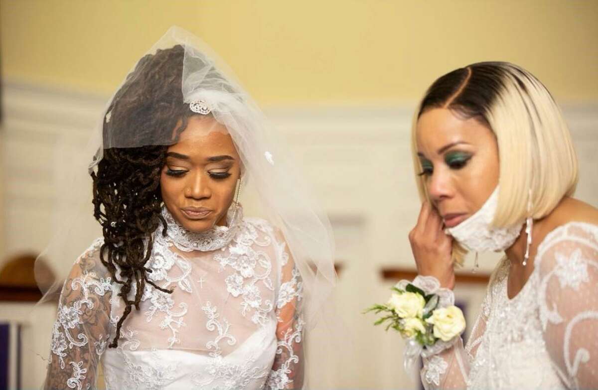 Kamiya Adams, left, moved the location of her wedding from North Carolina to Connecticut so her aunt, Sharon Moye-Johnson, right, a recent stroke victim could attend. Adams had her aunts and uncles wear ivory with a hint of green.