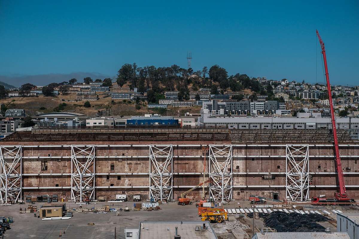 Shoring towers are seen on the outside of station A at the old Potrero Power Plant where redevelopment of the site has begun in San Francisco on Wednesday, May 26, 2021.