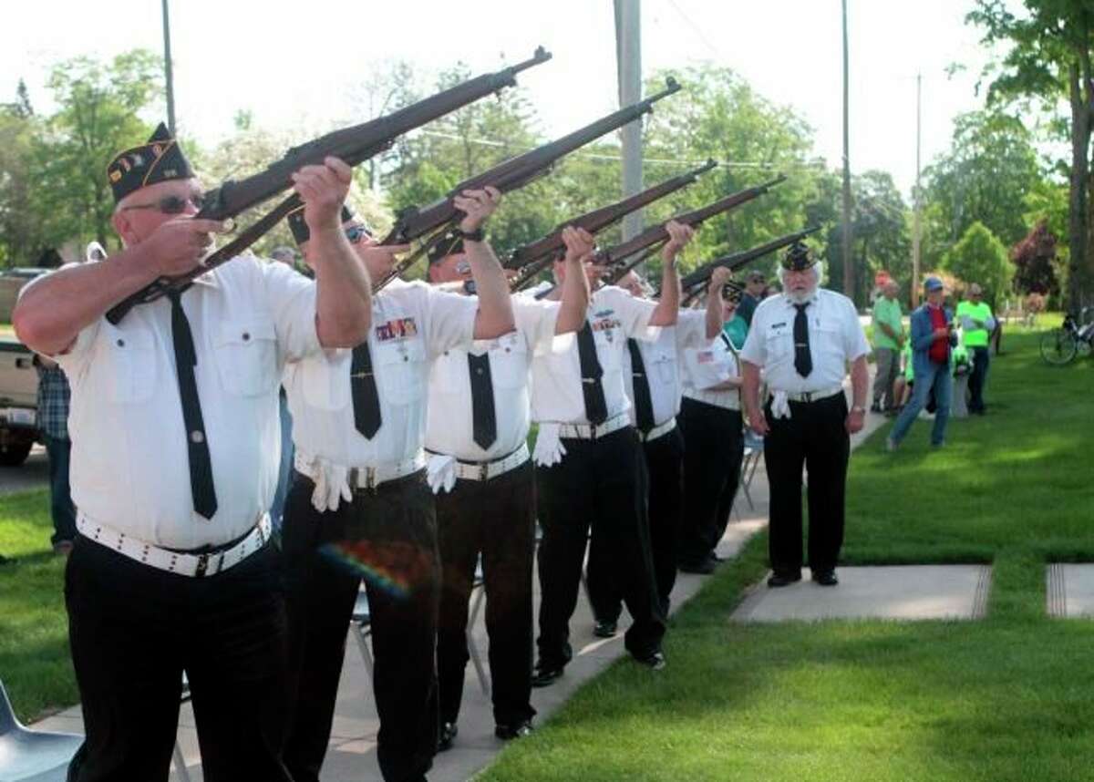 In this Pioneer file photo, the American Legion Post No. 98 Honor Guard performed a gun salute during the 2019 Memorial Day ceremony at the Mecosta County Courthouse.