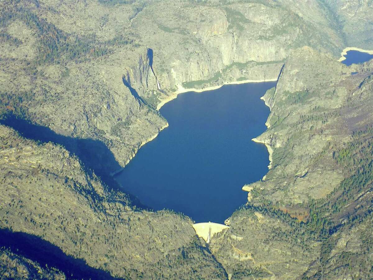 Hetch Hetchy Reservoir, viewed from airplane, collects water from the Grand Canyon of the Tuolumne in Yosemite National Park