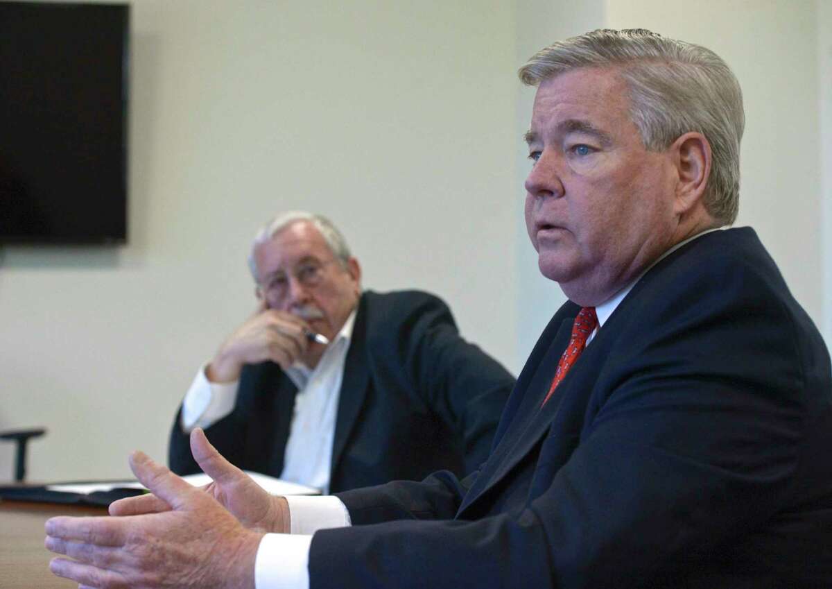 Candidates for Brookfield First Selectman, Democratic incumbent Steve Dunn, right, and Republican challenger Mel Butow during the News Times editorial board interview. Tuesday, October 15, 2019, in Danbury, Conn.