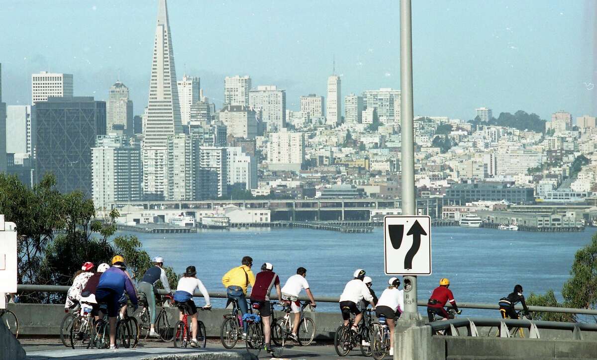 June 16, 1991: Hundreds of bicyclists crossed the Bay Bridge into Treasure Island during the Great San Francisco Bike Adventure.