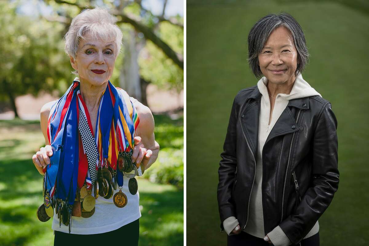 (Left) Former long-distance runner and Olympic Club athlete Shirley Matson, 80, poses for a portrait near her home in Walnut Creek, Calif., on Wednesday, May 26, 2021. (Right) Barbara Lym, one of the first women to be allowed membership at the Olympic Club where the U.S. Women's Open will be held next week San Francisco.
