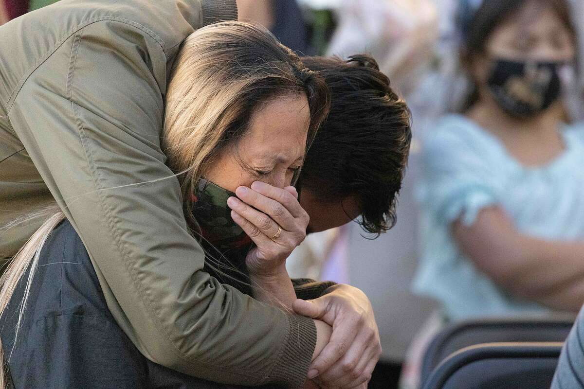 Lucy Megia, sister of Paul Megia, cries as she listens to a VTA employee relive the shooting on Friday, May 28, 2021 in Mountain House, Calif.