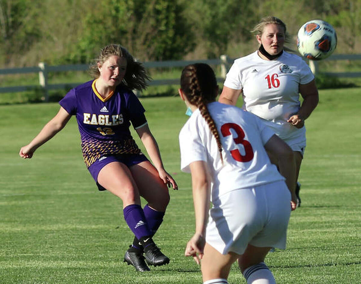 CM’s Aubree Wallace (left) scored a goal Friday, but the Eagles dropped a 4-1 decision to Waterloo. She is shown in action earlier this season.
