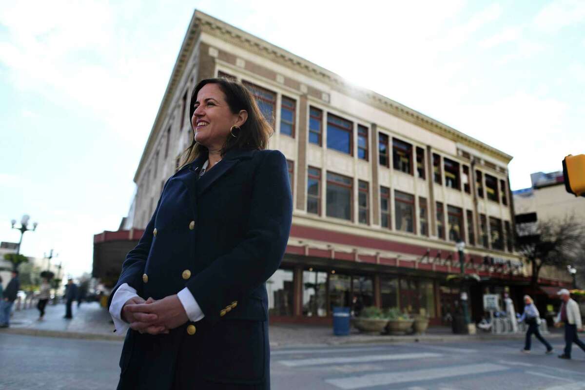 Bénédicte de Montlaur, president and CEO of the World Monuments Fund, was in San Antonio in early 2020 to discuss the 1921 Woolworth Building, visible behind her, and to advocate for its preservation in the face of renovations to Alamo Plaza. The international preservation organization based in New York had placed the building on its watch list of threatened heritage sites.