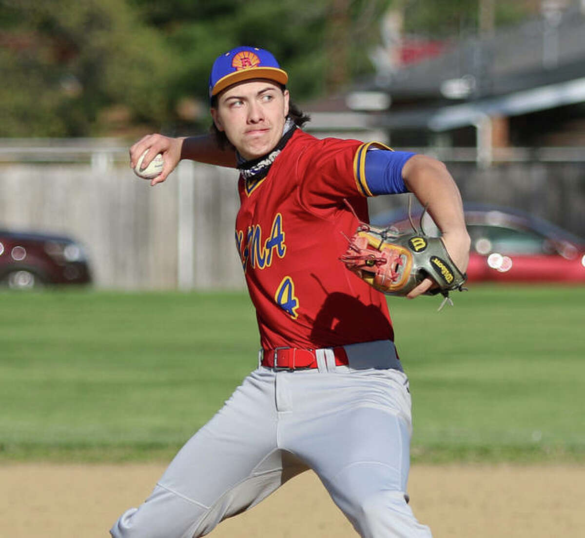 Roxana’s Kaleb Hinkle-Pruett, shown in an April 14 start at Wood River, pitched 6 2/3 innings to earn a win against Vandalia on Friday in Roxana.