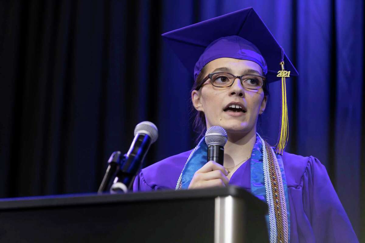 Class president Jillian Hausken gives a welcome speech during Tomball Star Academy's graduation ceremony at the Magnolia Event Center, Thursday, May 27, 2021, in Magnolia.