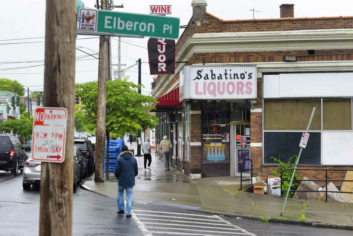 A view of the scene along Quail St. near Elberon Pl. on Sunday, May 30, 2021, in Albany, N.Y. Police say a 29-year-old man was shot and killed early Sunday morning in this area. (Paul Buckowski/Times Union)