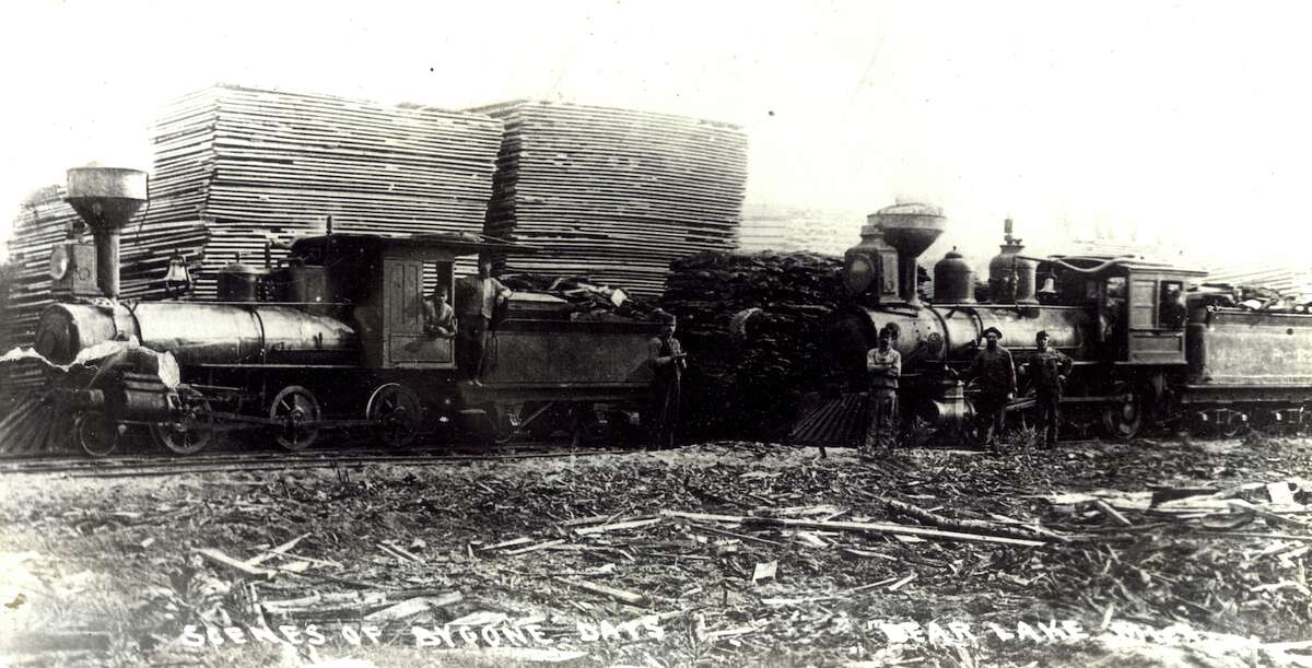 Two of the Bear Lake and Eastern Railroad engines are shown at the Hopkins Mill, in Bear Lake. 