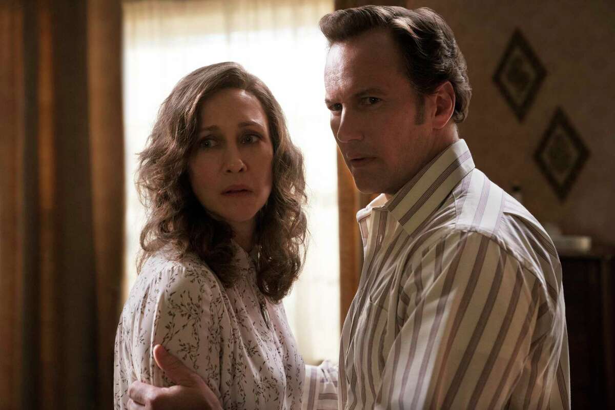 This image released by Warner Bros. Entertainment shows Vera Farmiga, left, and Patrick Wilson in a scene from “The Conjuring: The Devil Made Me Do It.”