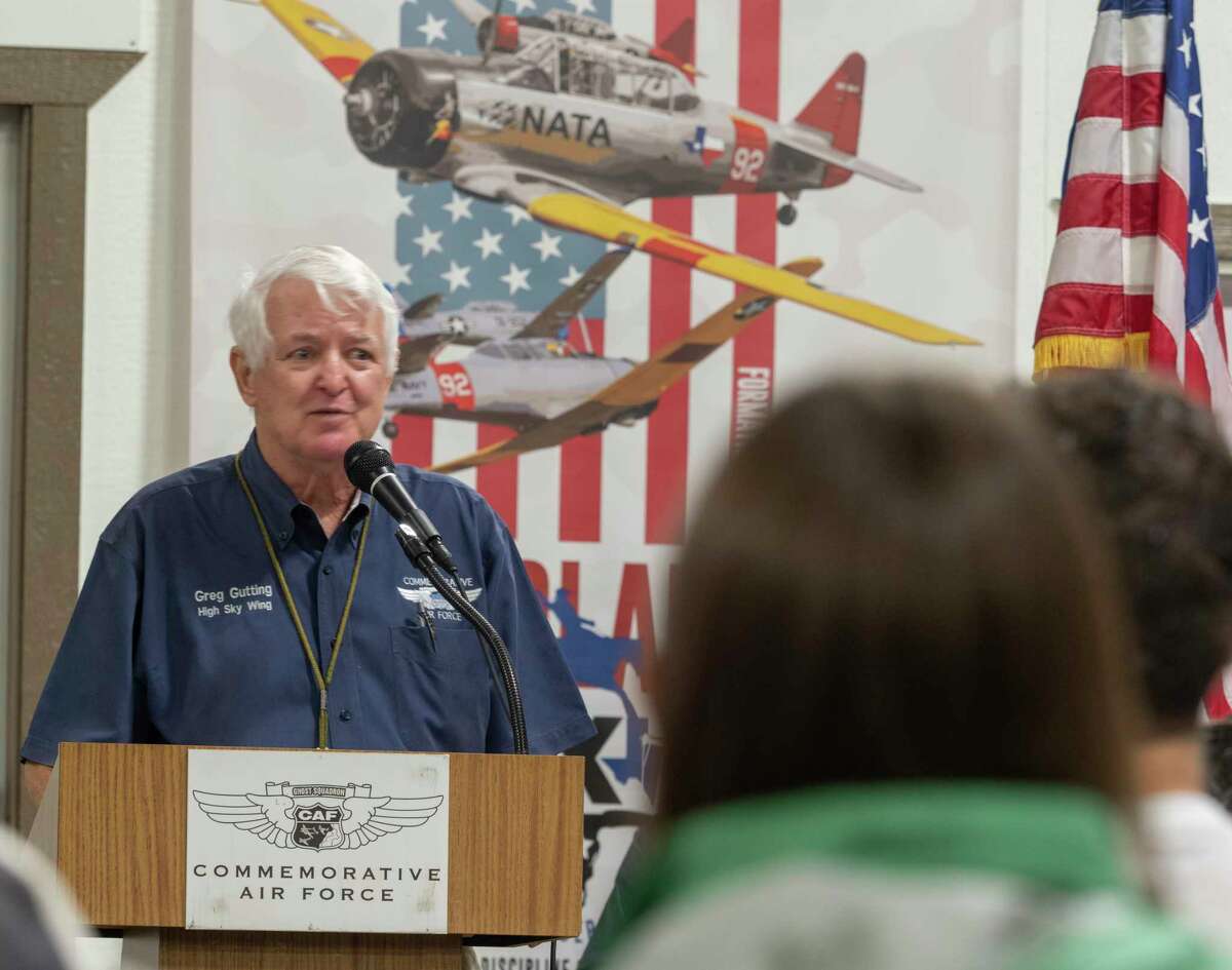 Col. Greg Gutting, with High Sky Wing, talks about the history of Memorial Day during an open house, lunch and Memorial Day Observance 5/31/2021 at the CAF, Commemorative Air Force Museum. Tim Fischer/Reporter-Telegram