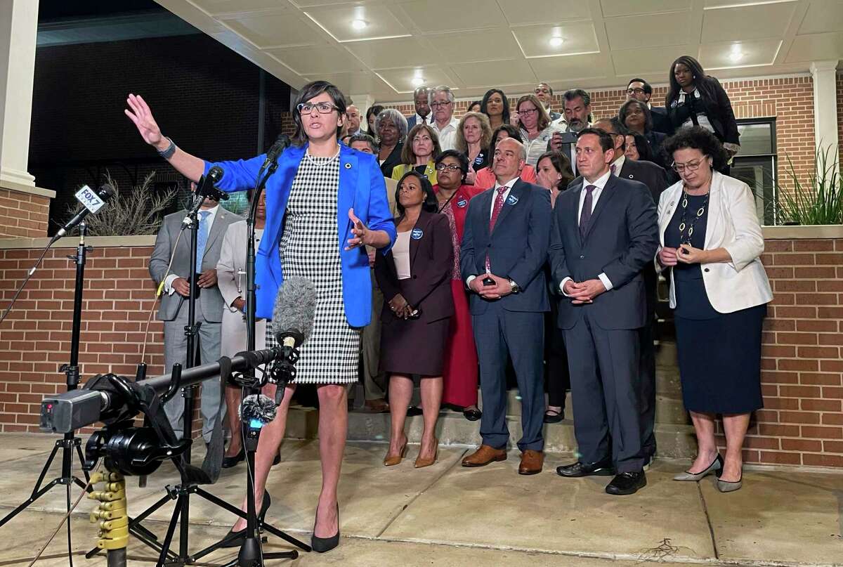 Texas state Rep. Jessica Gonzales speaks during a news conference in Austin, Texas, on early Monday, May 31, 2021, after House Democrats pulled off a dramatic, last-ditch walkout and blocked one of the most restrictive voting bills in the U.S. from passing before a midnight deadline.