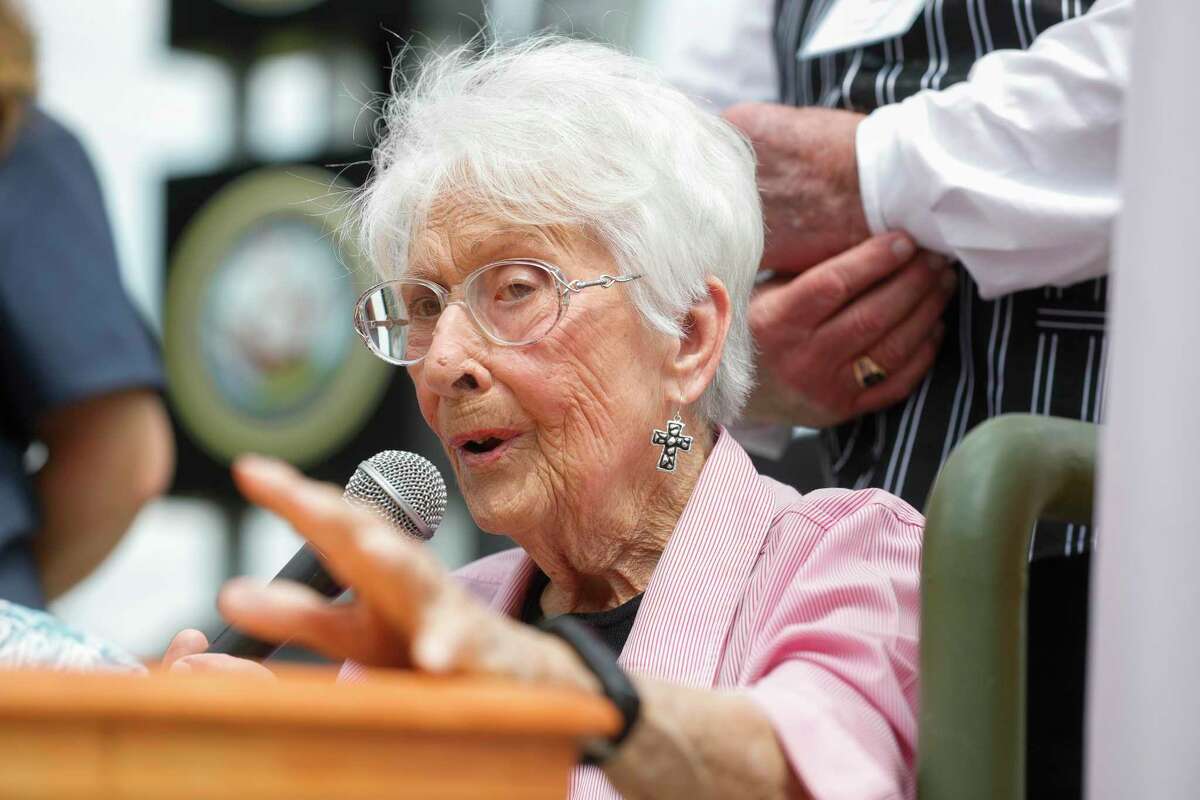 Celeste Graves, 101, of Magnolia speaks about her time as a radio operator for in Houston-based Women Air Force Service Pilots during a Memorial Day ceremony on Monday.