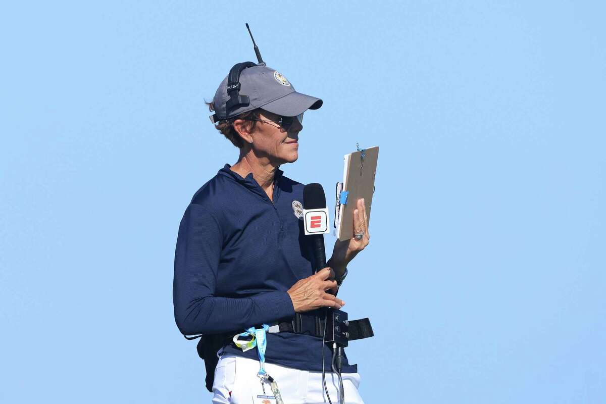 KIAWAH ISLAND, SOUTH CAROLINA - MAY 20: Suzy Whaley reports on the actionduring the first round of the 2021 PGA Championship at Kiawah Island Resort's Ocean Course on May 20, 2021 in Kiawah Island, South Carolina. (Photo by Sam Greenwood/Getty Images)