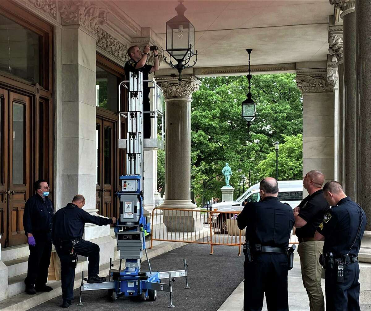 State Capitol police found at least three bullet holes on the morning of June 1, 2021 at the Capitol's south portico in Hartford, Conn. Investigators are working to figure out when the bullets were fired, and who shot them.