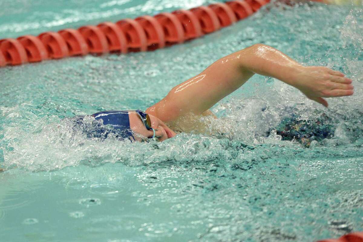Maddie Welborn of the Seven Lakes Spartans competes in the girls 200 yard freestyle event during the District 19-6A Swimming and Diving Championships on January 18, 2020 at the Katy HS Natatorium, Katy, TX.