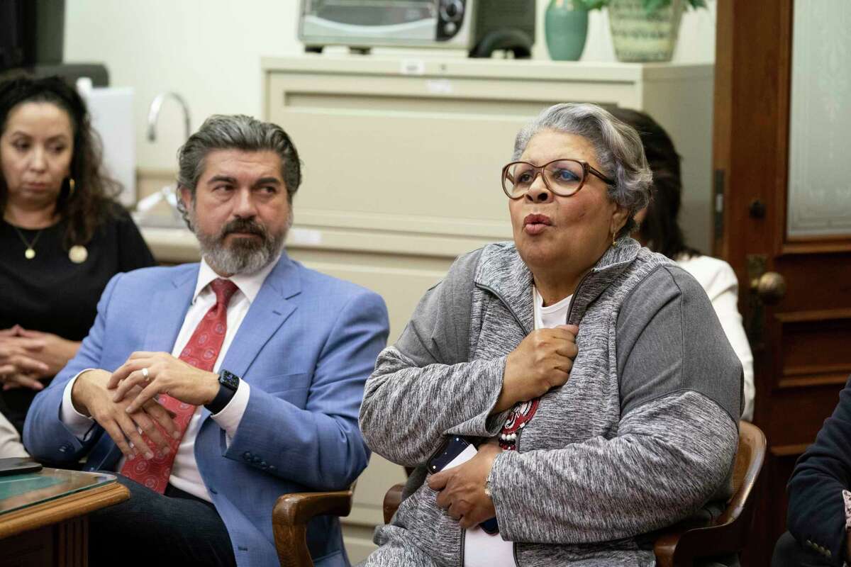 Rep. Senfronia Thompson, D-Houston, and other Brown and Black Democratic members talk to the press on the final day of the 87th Texas Legislature. The group led Sunday's walkout in the chamber that stalled SB 7 the voting rights bill.
