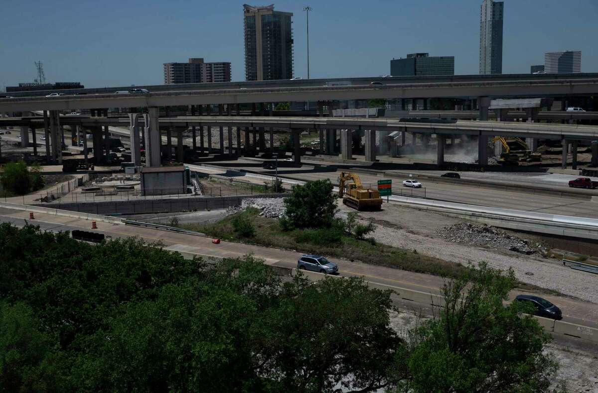 Traffic passes construction equipment on the ramp connecting Loop 610 to Interstate 69 northbound on May 6, 2021, in Houston. Crews will close the ramp from I-69 northbound to Loop 610 northbound at 9 p.m. Thursday.