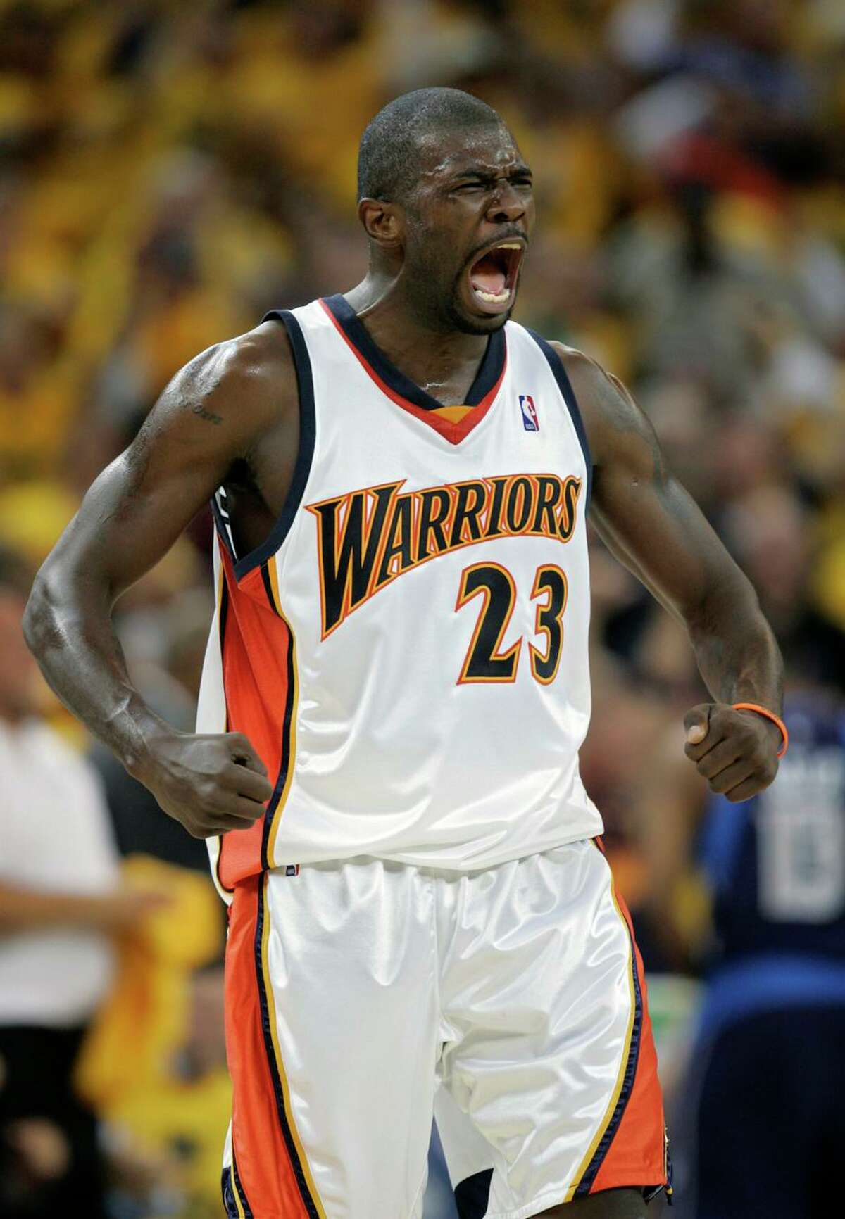 Warriors guard Jason Richardson is pumped up after hitting a three that made the score 99-75 against the Dallas Mavericks.