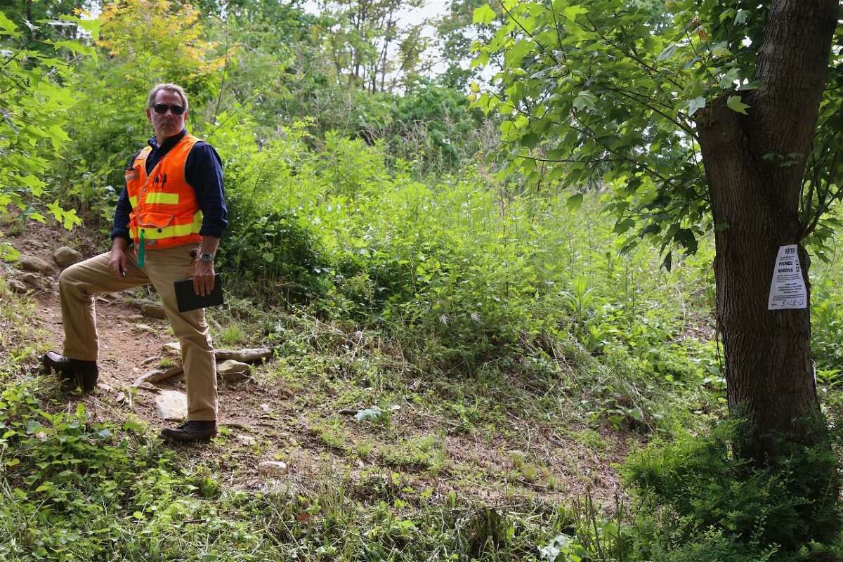 George Stumpf, arborist with Eversource, takes a closer look at the landscape along Little Brook Road on Tuesday, June 1, 2021.