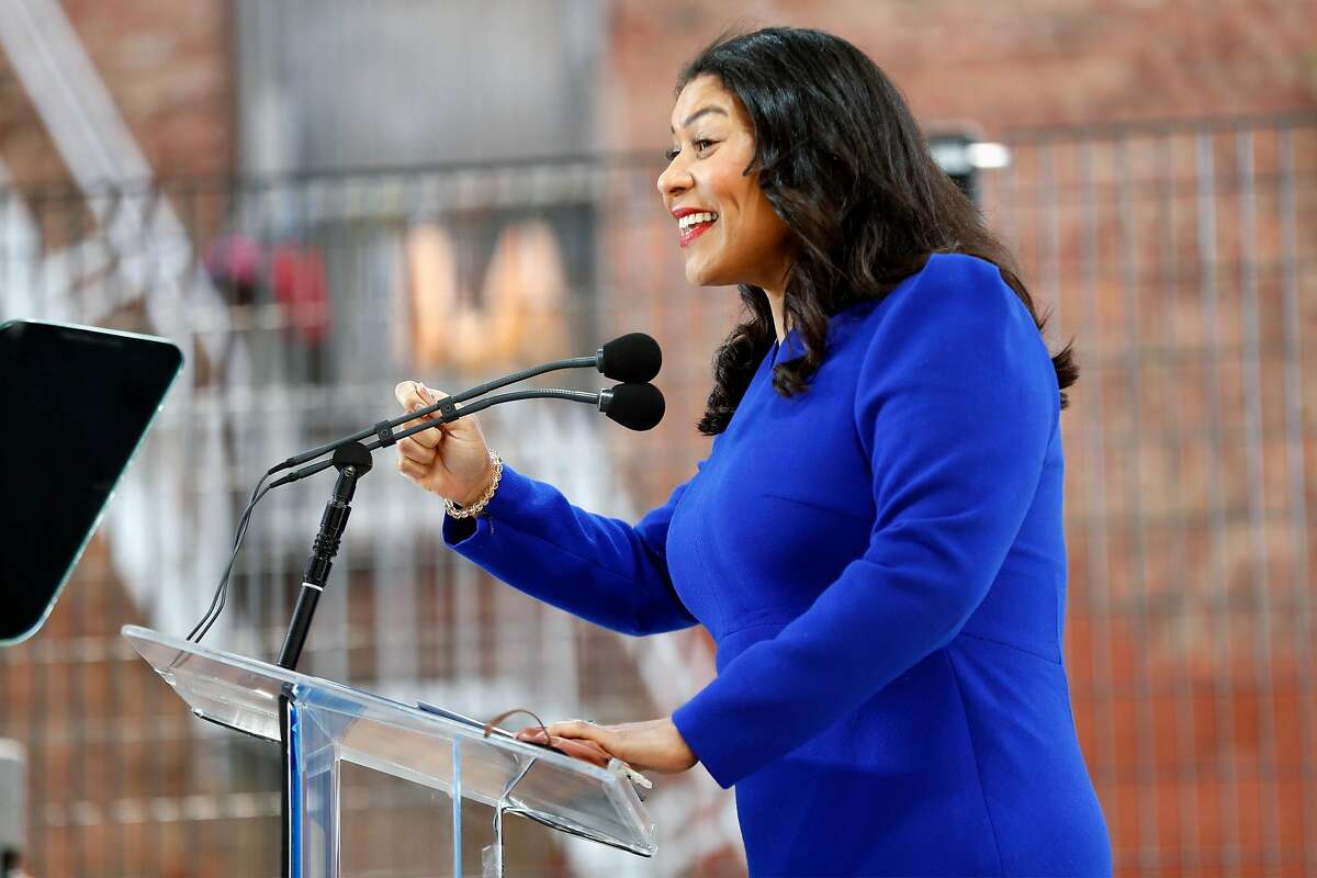 San Francisco Mayor London Breed unveils her two-year budget proposal at Willie “Woo Woo Wong Playground in Chinatown neighborhood of San Francisco on Tuesday. Her plan doesn’t not earmark Prop. I funds for rent relief and affordable housing.