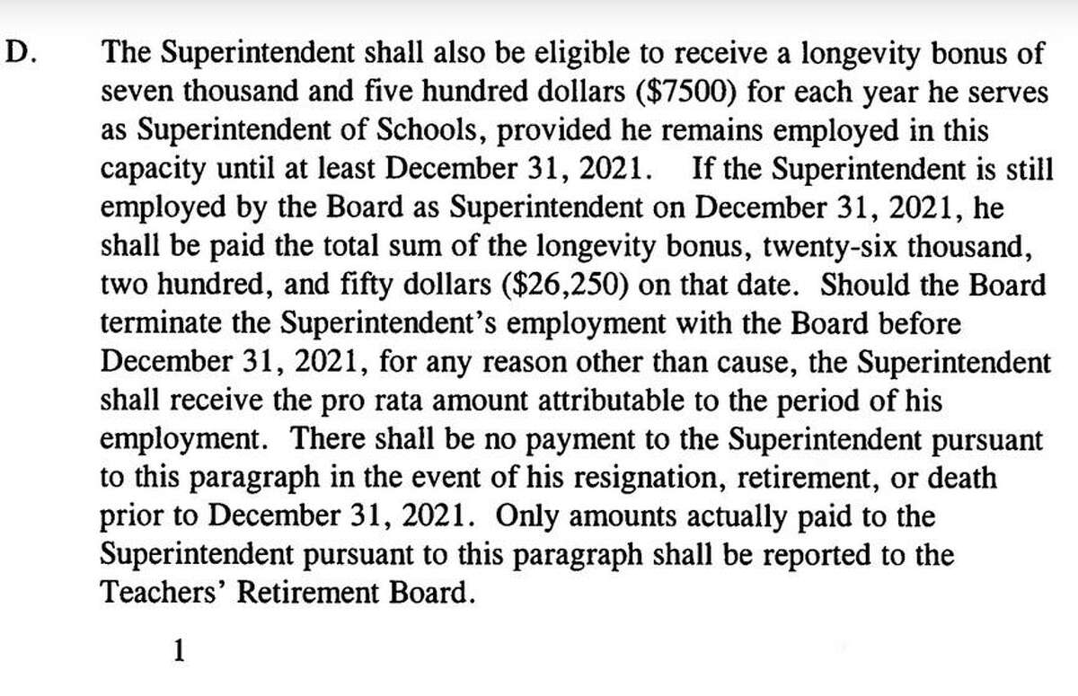 A clause in the Litchfield and Region 6 school superintendent’s contract, showing part of the longevity bonus promised him if he remains in the district past December.