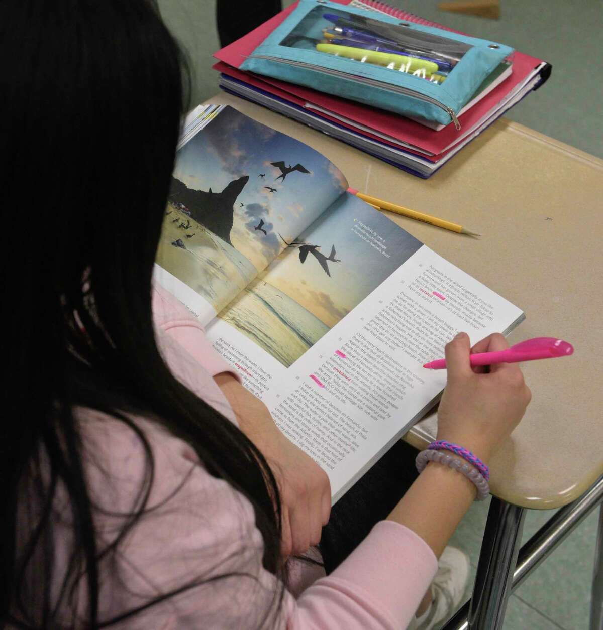 Yelitsa Flores, a senior, works on a reading assignment in her ESL 4 class at New Milford High School, Friday, February 28, 2020, in New Milford, Conn.