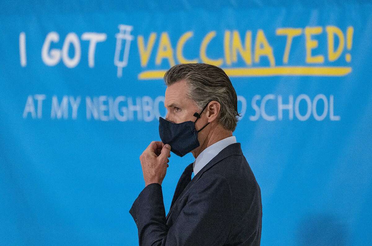 California Gov. Gavin Newsom prepares to announce a vaccination jackpot at Esteban E. Torres High School in Los Angeles in May.