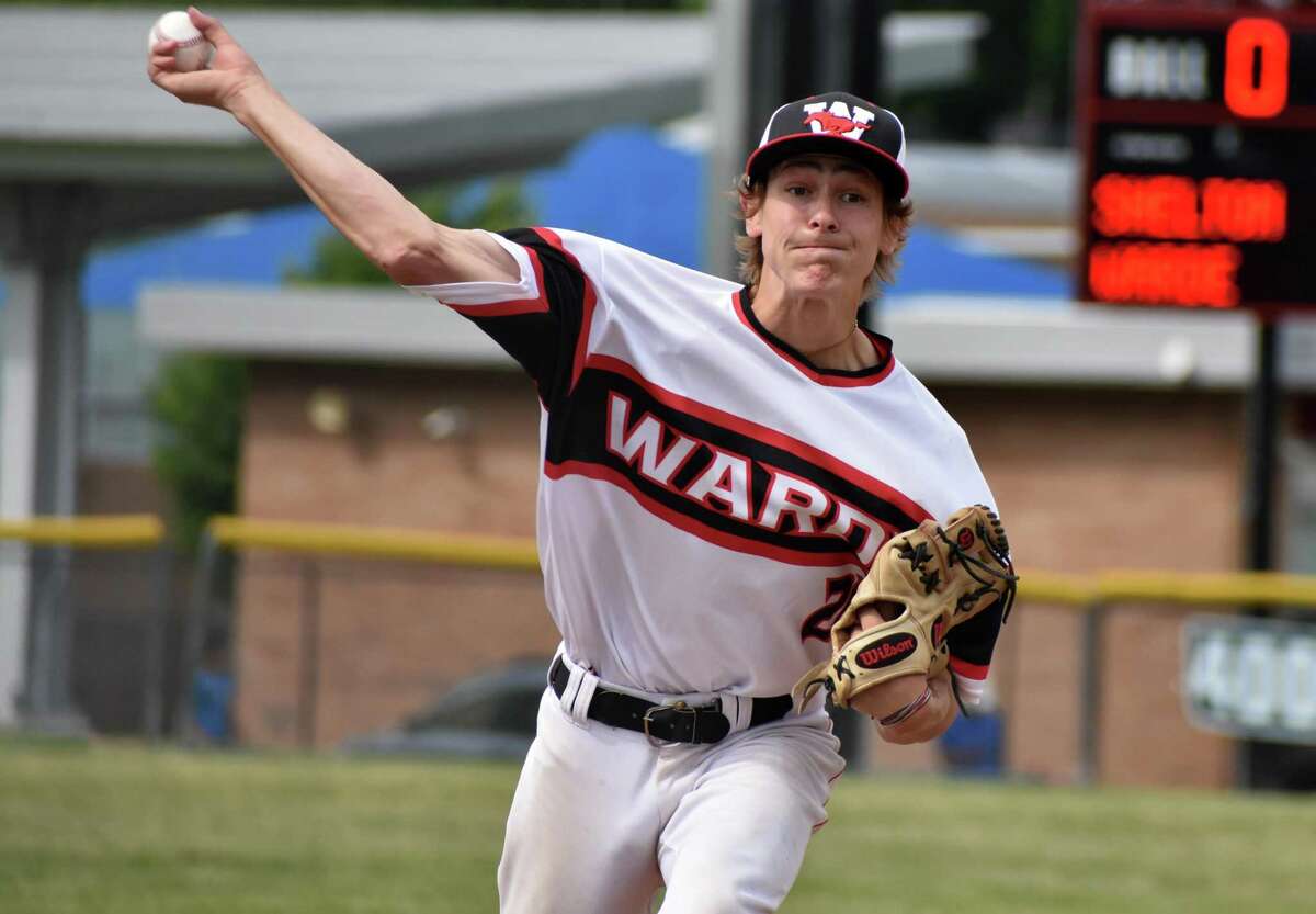 Fairfield Warde’s Griffin Polley pitches during a Class LL second-round game against Shelton on June 2.