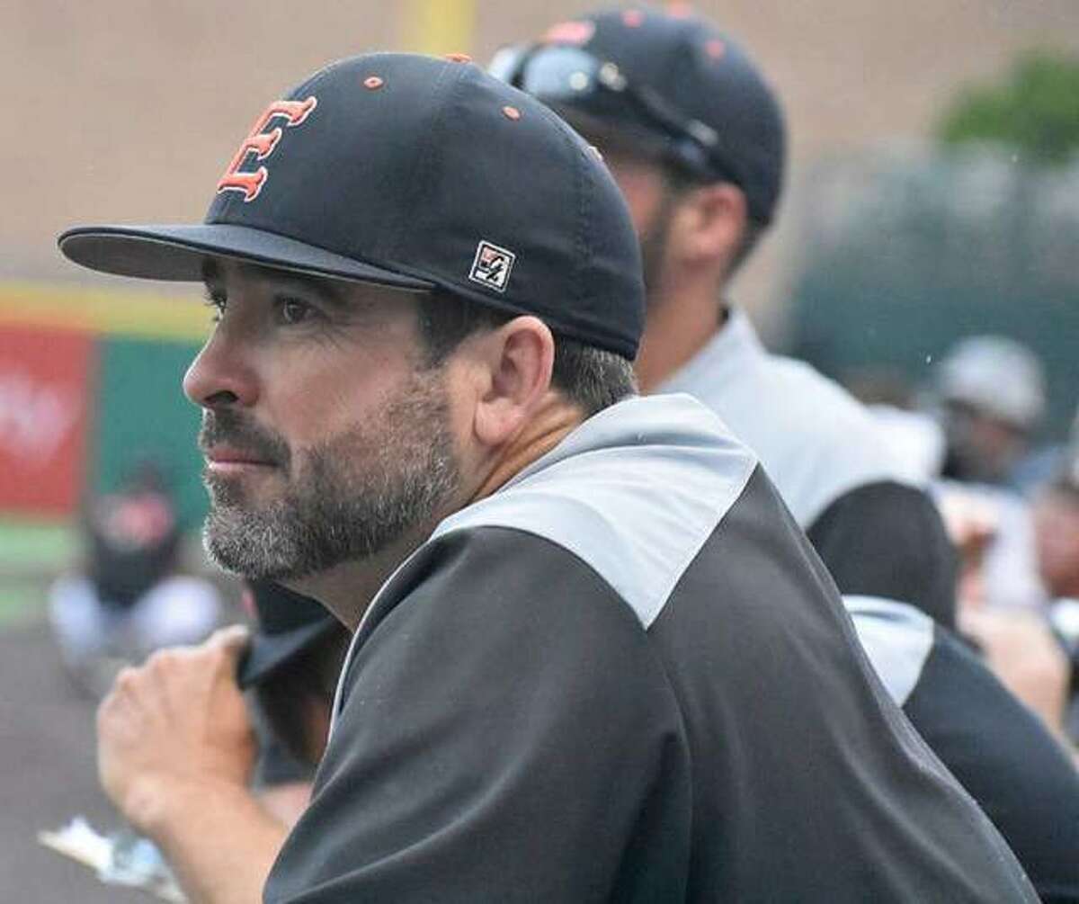 Edwardsville coach Tim Funkhouser watches from the dugout during the 2019 state championship game in Joliet.